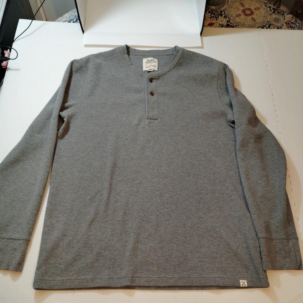 Blake Shelton x Lands End Men Gray Thermal Henley Shirt Large Waffle Knit Long
